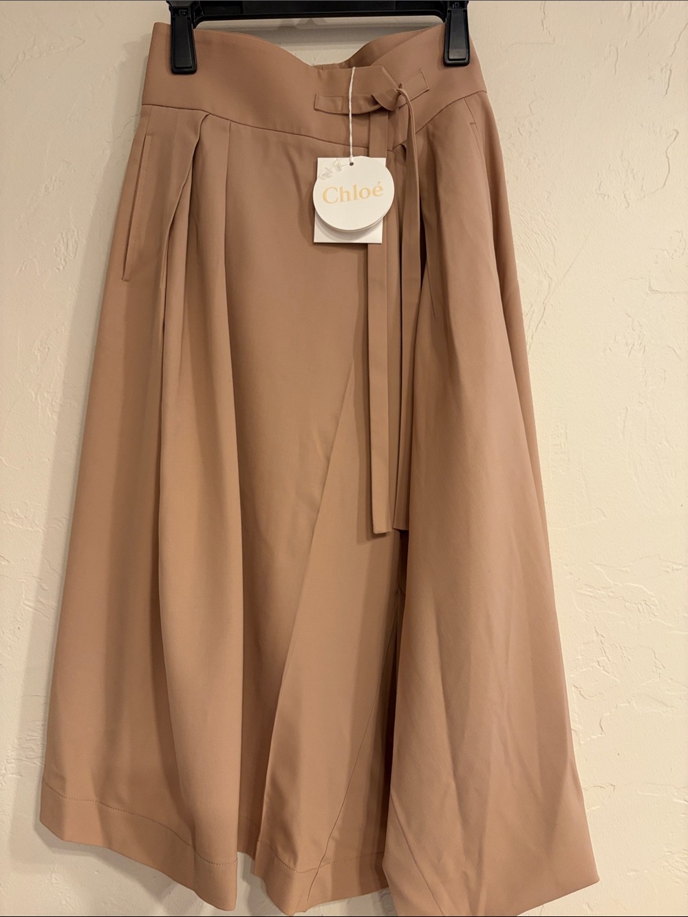 CHLOE Paris Women's Tan A-Line Midi Skirt with Self-Tie Waist EU 36